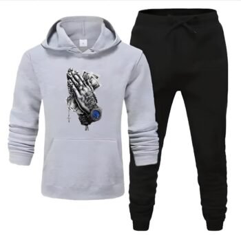 Pray&Pay Grey - 2 Pcs Men's Fleece Printed Hoodie Track Suit