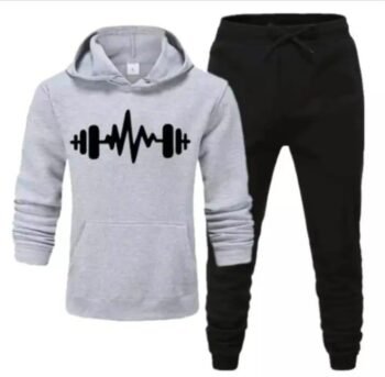 Gym Grey - 2 Pcs Men's Fleece Printed Hoodie Track Suit